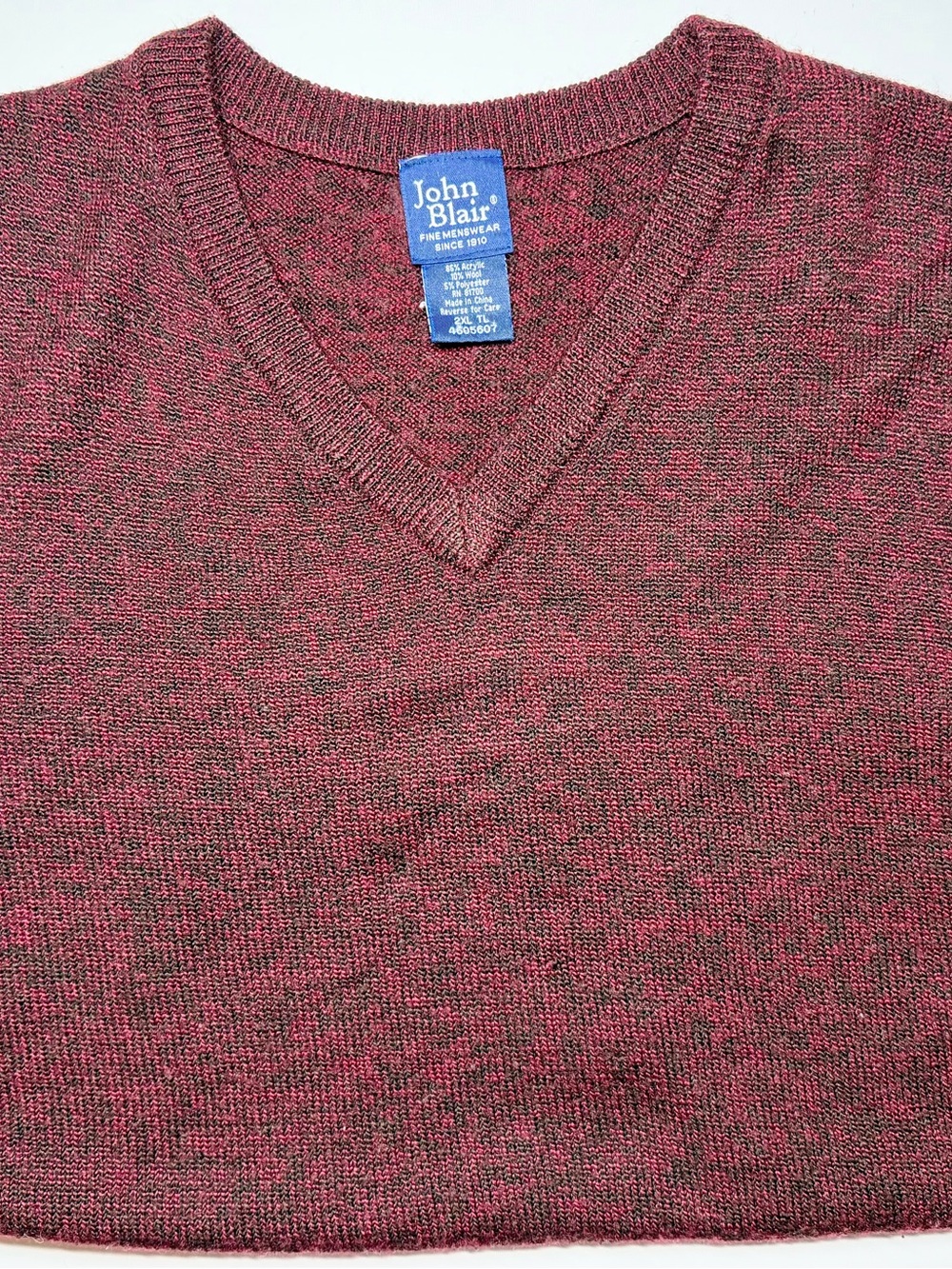 John Blair Men’s V‑Neck Sweater Vest Burgundy Red Marl Wool Blend 2XL TL
